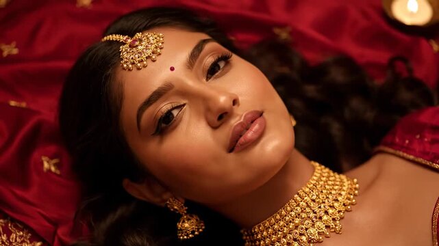 A woman rests on deep red fabric, adorned with intricate gold jewelry, including a necklace and headpiece. Her eyes are closed