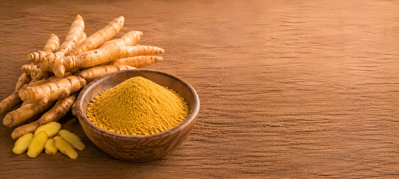 Fingerroot Powder in Wooden Bowl with Fresh Fingerroot Rhizomes, Premium Herbal Wellness Ingredient Concept