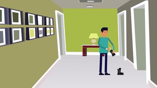 Male security guard patrolling empty hallway corridor at night flat 2D animation vector character motion graphics safety surveillance loop