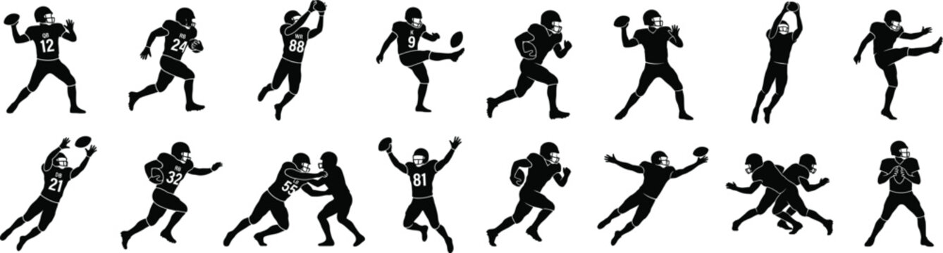 American football players silhouette set dynamic action poses vector illustration