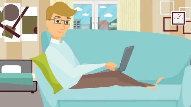 Freelance young man relaxing on sofa working on laptop inside home flat 2D animation vector character motion graphics remote workplace loop