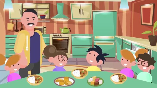 Large chaotic family having messy dinner together at kitchen table flat 2D animation vector character motion graphics parenting lifestyle