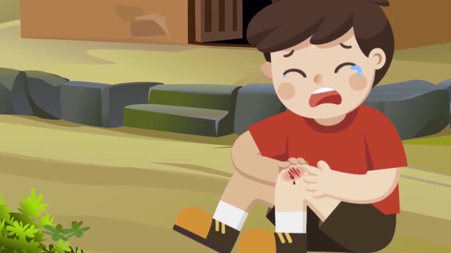 Little boy crying on ground over a scraped knee injury outdoor flat 2D animation vector character motion graphics childhood pain concept