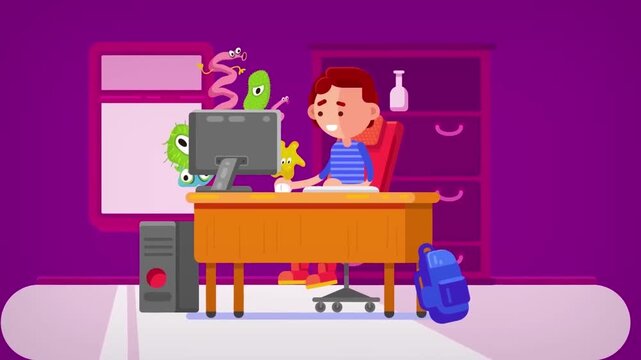 Student kid studying hard on desk with monster computer glitches flat 2D animation vector character motion graphics cyber pressure concept