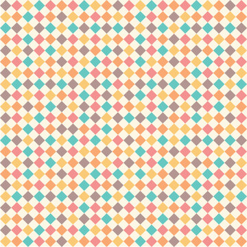 Features a colorful, seamless geometric pattern background composed diamond shapes. The retro-inspired palette.