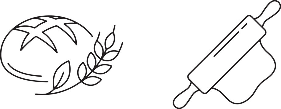 Art & Illustration,Traditional baking rolling pin and fresh wheat bread loaf line icons