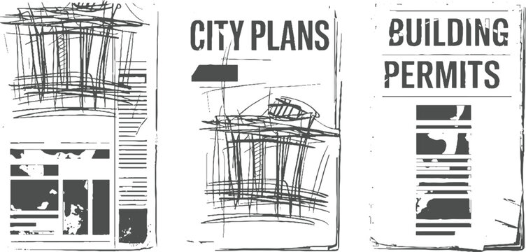 Three panels of sketchy architectural and text labels c i t y p l a n s and b u i l d i n g p e r m i t s