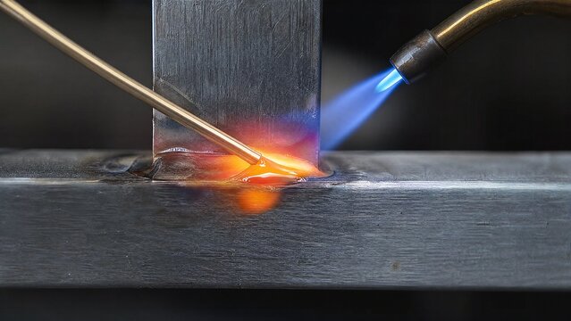 Close-up of a blue torch flame heating a metal joint with molten filler metal.
