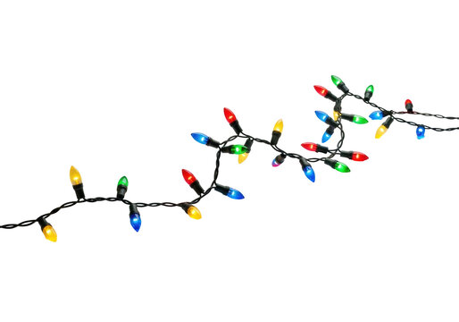 glowing c7 christmas lights (red, yellow, green, blue) strung in a graceful curve on a matte white platform with subtle glitter, isolated against transparent. festive holiday warmth concept