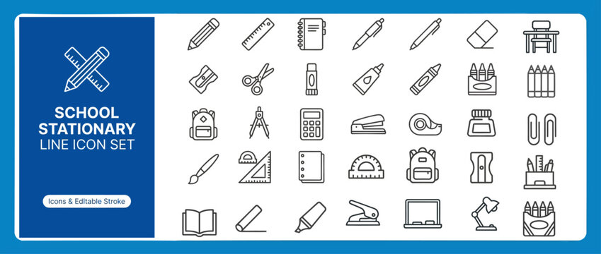 School Stationery and Supplies outline icon set. Featuring notebook, ruler, pencil case, scissors, and crayon symbols. Editable stroke icons for stationery store and school supply catalog.