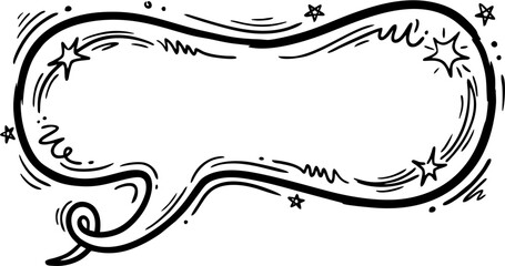 Fototapeta premium Black and White Hand Drawn Wavy Speech Bubble with Swirl Tail and Stars — Blank Doodle Style Curly Text Balloon for Comic, Quote, Banner, and Cartoon Vector