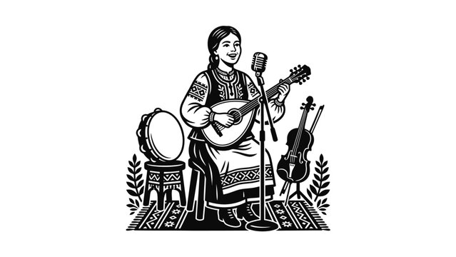 Traditional Folk Musician Playing Mandolin and Singing
