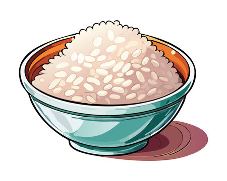 Elegant porcelain bowl of white jasmine rice featuring classic blue pattern accents for authentic oriental restaurant menu layout options - Vector Illustration