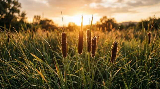 Golden hour sunset over a field of cattails and tall grass.