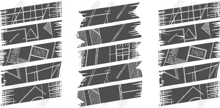 Three abstract dark gray panels with white line of geometric shapes and textures lines
