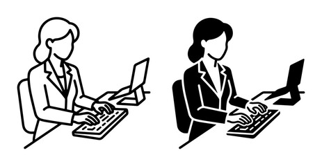 Fototapeta premium Businesswoman Typing on Computer, Office Worker Icon Set, Professional Female Employee Vector