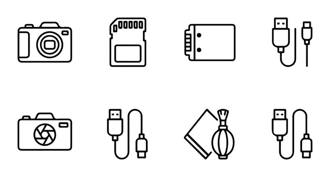 Digital Camera Accessories, SD Card, USB Cable, Lens Cleaner Icons Set