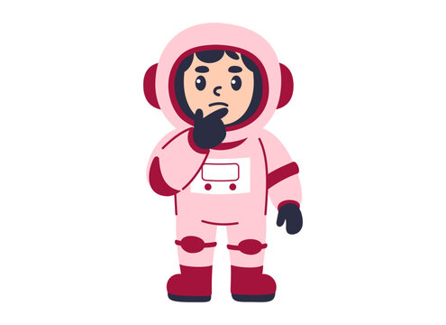Cute Astronaut Thinking Pose Flat Vector Illustration