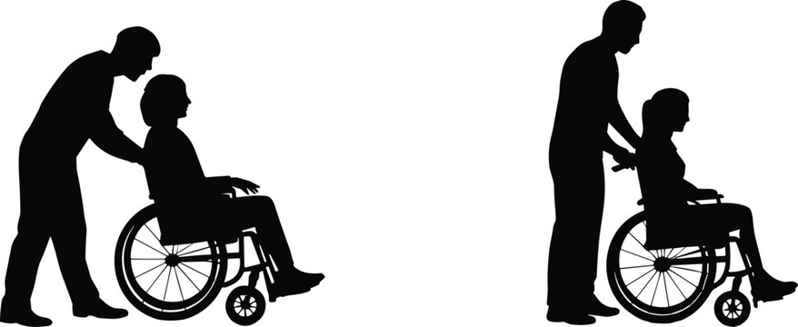 Disabled people sitting in wheelchairs with assistants pushing them, medical care black silhouettes isolated on white background