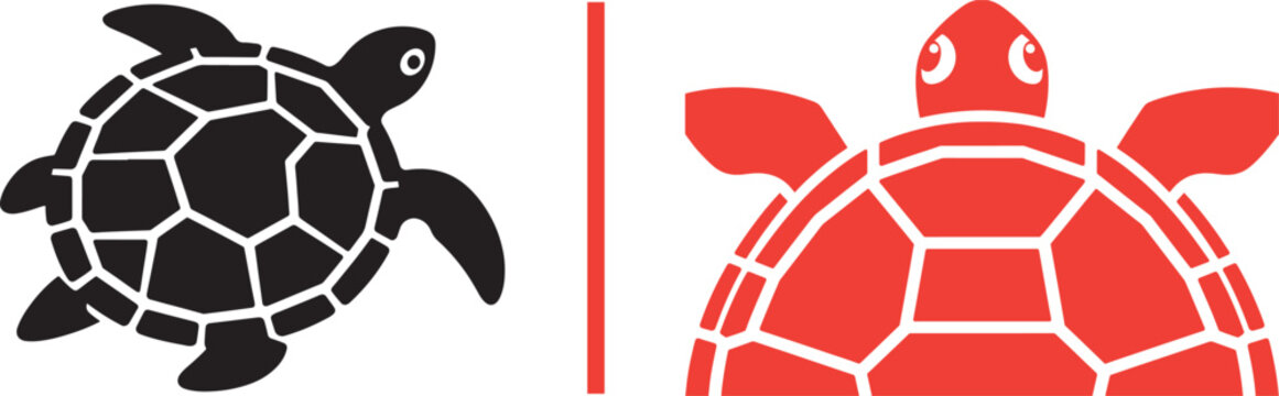 Sea turtle vector icons in black and red with minimalist flat design and shell patterns for branding and graphic design