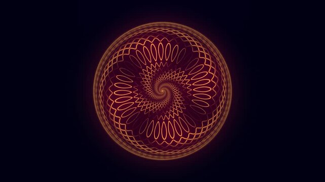 Neon glowing abstract spiral sphere animation, futuristic golden circular pattern on dark background, digital technology motion graphic, 4k, 60 fps, HUD, loop