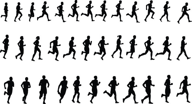 Male and female athletes running in frames, black jogger silhouettes keyframes sequence, sports icons isolated on white background