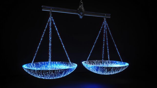 Scales balance depicted in blue light against a black background in a modern style