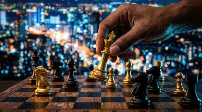 Chess strategy hand moving king piece over cityscape at night