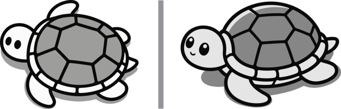 Cute cartoon turtle vector icons in top and side views with minimalist grayscale character design