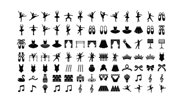 Set of ballet dance silhouettes and classical performance icons.