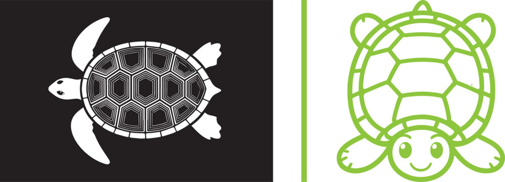 Sea turtle and cute cartoon turtle vector icons with detailed shell pattern and smiling character for logo or mascot design