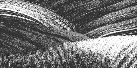 Obraz premium Abstract textured monochrome landscape with rolling hills and grassy foreground black white