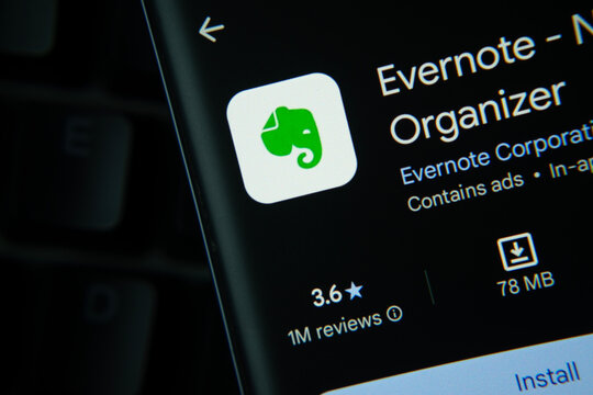 Dhaka, Bangladesh- 27 July 2025: Evernote app from Google Playstore is displayed on a smartphone screen.