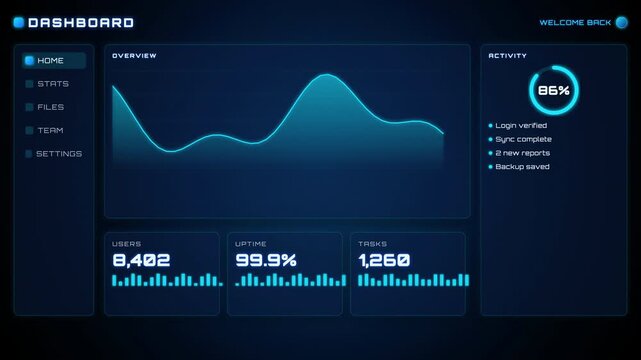 AI assistant login sequence with a pulsing circular equalizer in cyan and deep blue bursting open with shattered particle effects.