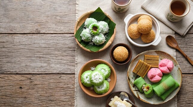 Colorful assortment of Indonesian traditional market snacks including klepon, putu cake, onde-onde, and various local sweets. 