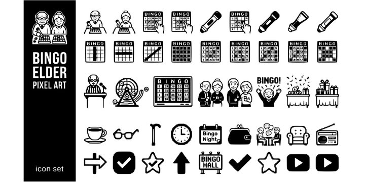 Elderly Bingo Pixel Art Black White-Dauber Card Community Game Retro-Senior Recreation Vector-Bingo Icon Pixel-Elderly Design Set