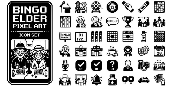 Elderly Bingo Pixel Art Black White-Dauber Card Community Game Retro-Senior Recreation Vector-Bingo Icon Pixel-Elderly Design Set