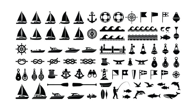 Set of black nautical and maritime icons for sea travel.
