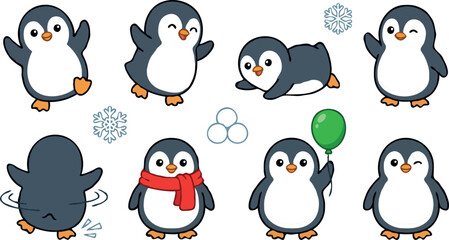 Cute cartoon penguin vector character set featuring various funny poses, winter elements, snowflake accents, and cheerful expressions isolated on white background © MstRowshanAra