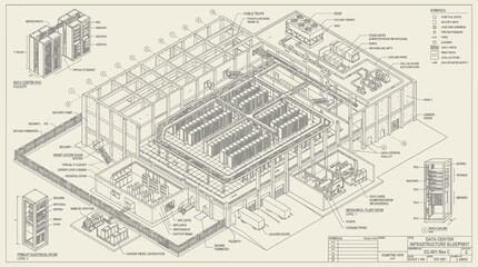 Fototapeta premium Detailed architectural illustration of a large industrial complex with multiple buildings and sections showcasing various industrial and technological features.