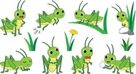 Naklejka premium Cute grasshopper cartoon character vector set featuring funny green crickets in various playful poses with grass and flower accents on white background