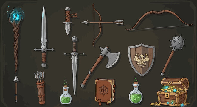 Collection of fantasy weapons and items, including swords, bows and a treasure chest