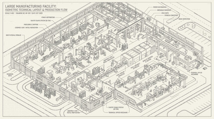 Fototapeta premium Large manufacturing facility with workers and machinery in industrial area