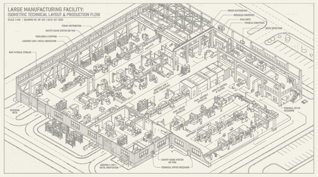 Large manufacturing facility with workers and machinery in industrial area