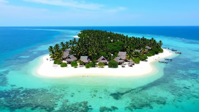 Aerial view of a tropical island, featuring white sand beaches, turquoise water, lush greenery, and huts with thatched roofs. Boats float nearby