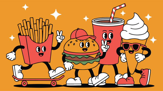 Funky street food cartoon mascot set with smiling burger french fries soda and ice cream