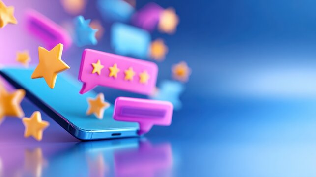 A smartphone surrounded by colorful message bubbles and stars representing reviews and feedback
