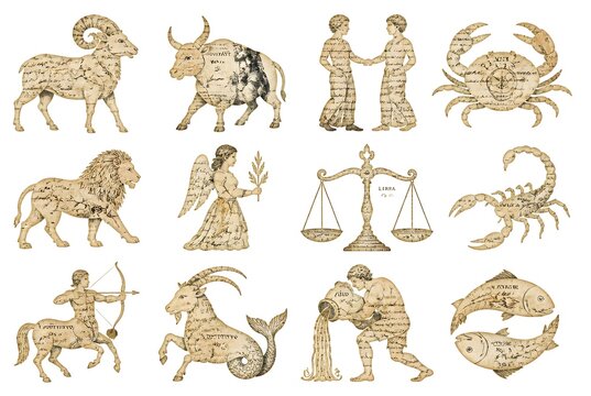 Zodiac symbol constellation illustration set with aries taurus gemini and more