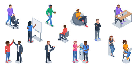 Coworking space employees working and collaborating in modern office environment   Business people team set   Isometric vector illustration © Stocklume