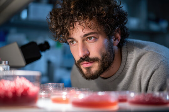 focused microbiologist deeply engaged in research positioned on left side of frame